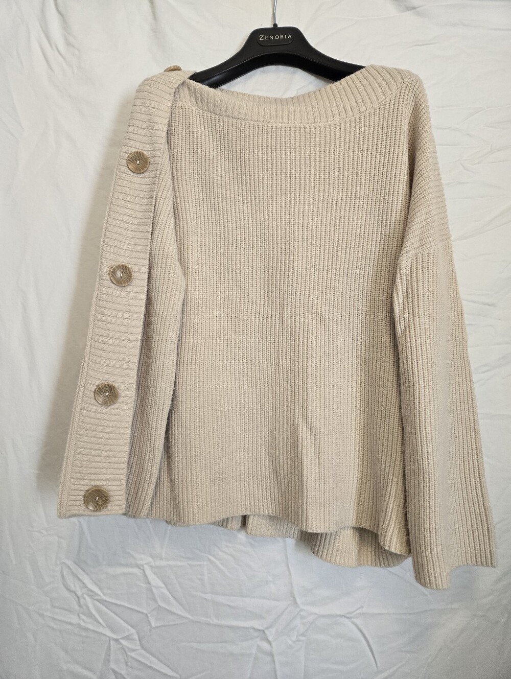 SPANNER Off-Shoulder Cream Button-Detail Ribbed Sweater